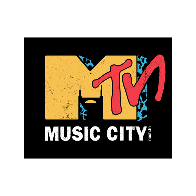 Black parody sticker on white background. Nashville is known as Music City.The Batman Building is shown as the  negative space of the letter M and TN is written at an angle across the M.