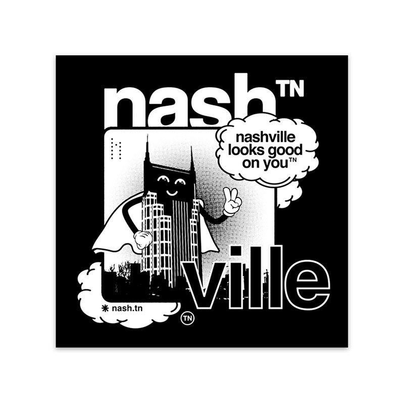 Black square sticker on white background. The nashᵀᴺ ville sticker features Batty, the nashᵀᴺ  cartoon character paying homage to Nashville's Batman Building. 