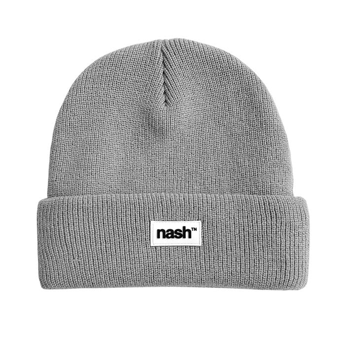 Gray beanie on white background. Small, white rectangle with nashᵀᴺ  logo in black on the front center cuff. 