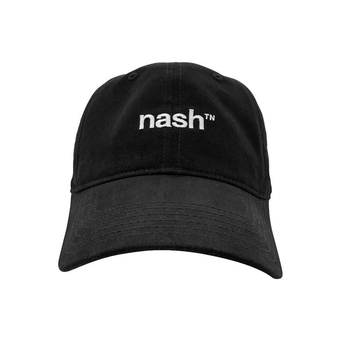 Black baseball cap with white letters on a white background. The white letters are stitched on the front and says nashᵀᴺ. Nash is short for Nashville and TN is the abbreviation for Tennessee. 