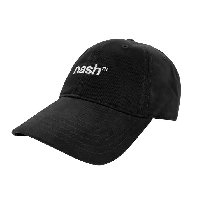 Black baseball cap with white letters on a white background. The hat is angled to the left, has a slight curve in the visor and has white nashᵀᴺ embroidery on the front.