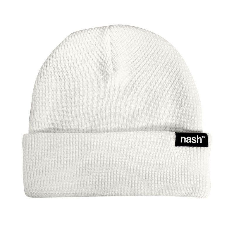 White beanie on white background. The beanie has a folded cuff with a black tag on the right side. The tag has white letters on it that says nashᵀᴺ  