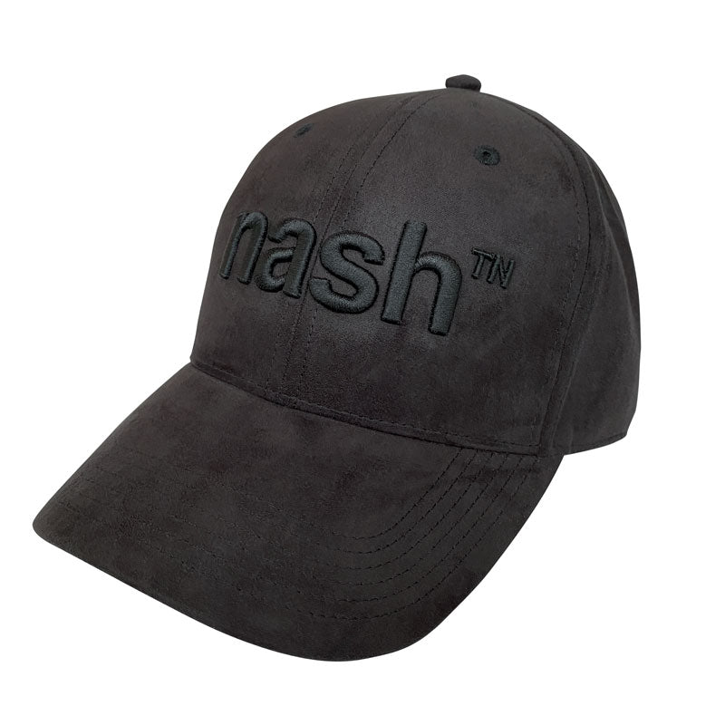 Black faux suede baseball cap with black embroidery that reads nashᵀᴺ 