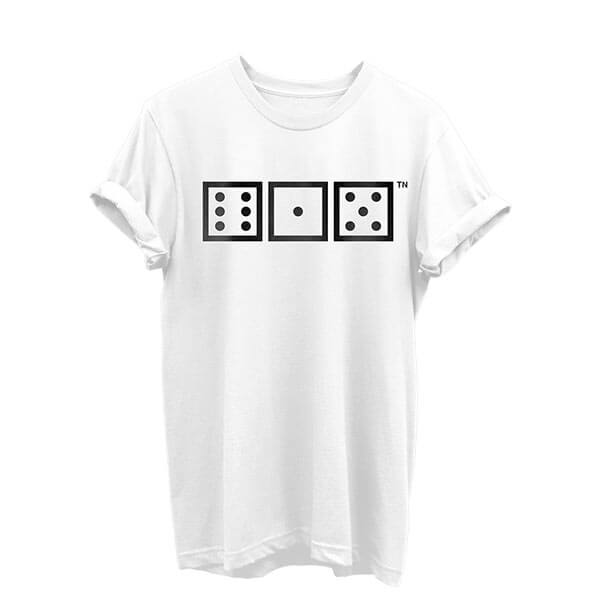 White short sleeve T-shirt on white background. There are three game dice on the front with the numbers six, one, five. The dice are outlined in black with black dots. 615 is the area code for Nashville, Tennessee.