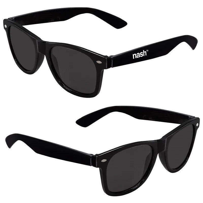 Left and right sides of black sunglasses on a white background. The left side has nashᵀᴺ  logo printed in white at the temple