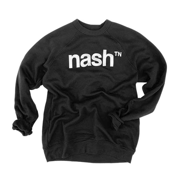 Black crew sweatshirt on white background. White logo nashᵀᴺ  is on front of shirt. The sleeve cuffs are rolled.