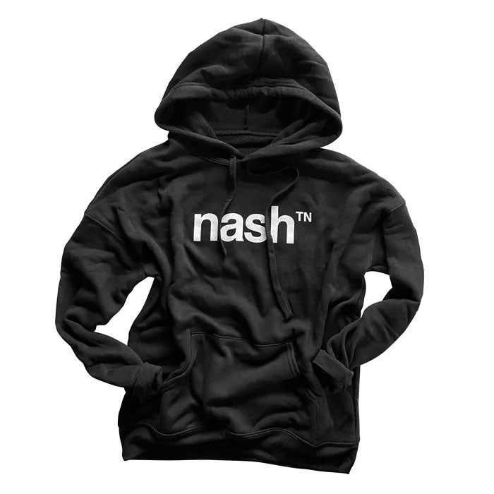 Black hooded sweatshirt on white background. The logo nashᵀᴺ  is printed in white on the front center of hoodie. 