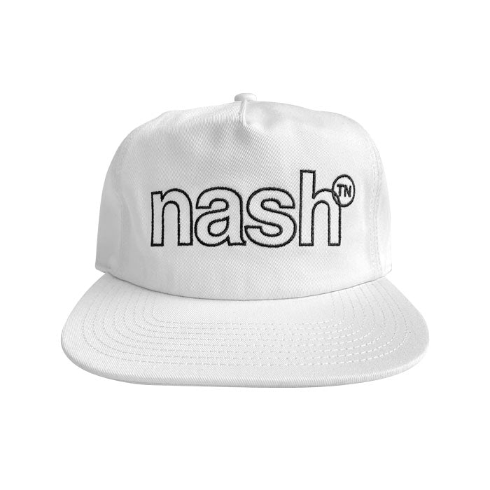 White hat with black outlined letters on a white background. Nashᵀᴺ  is outlined in black and the superscript TN is inside a black, outlined circle.