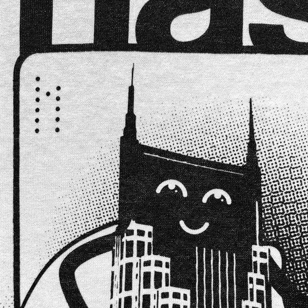 Closeup of black and white artwork showing Nashville's Batman building as a super hero .