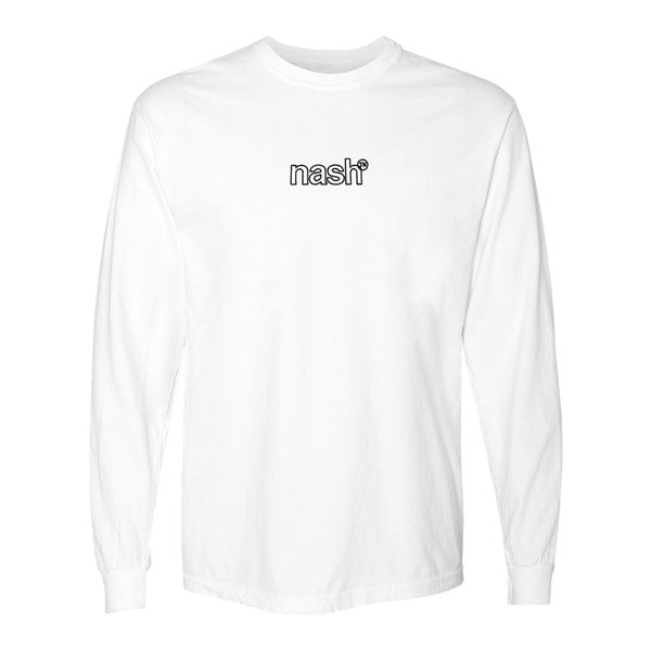 White long sleeve shirt on a white background. There is an outlined black logo on the upper chest that reads nashᵀᴺ. nash  is short for Nashville and TN for Tennessee.
