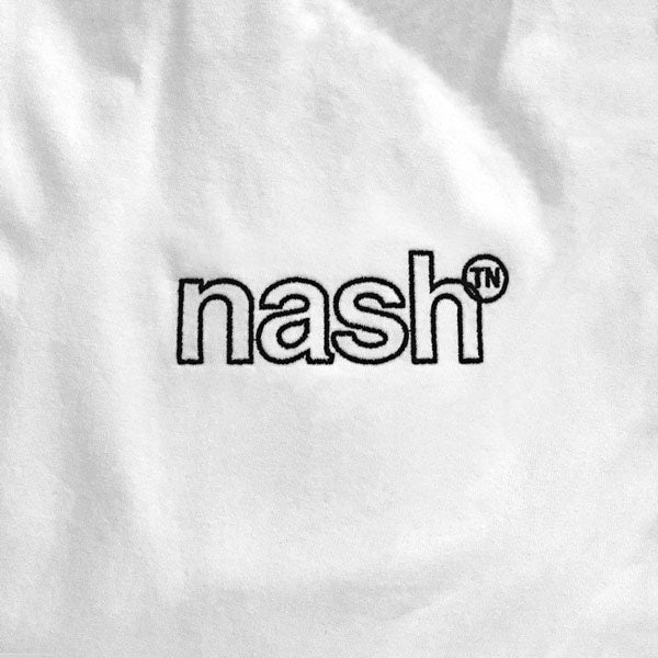 Closeup look at a black outline logo on a white background. The logo, nashᵀᴺ, is styled as nash with outlined letters and the letters TN inside of a circle. 
