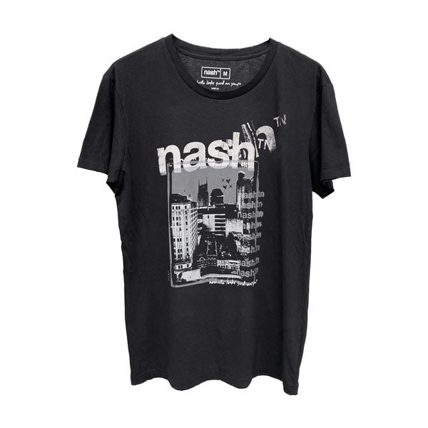 Dark shirt on white background. There is a graphic arts styled photo of Nashville,Tennessee with nashᵀᴺ  layered on top. The shirt is distressed and faded to look like an old band tee. 