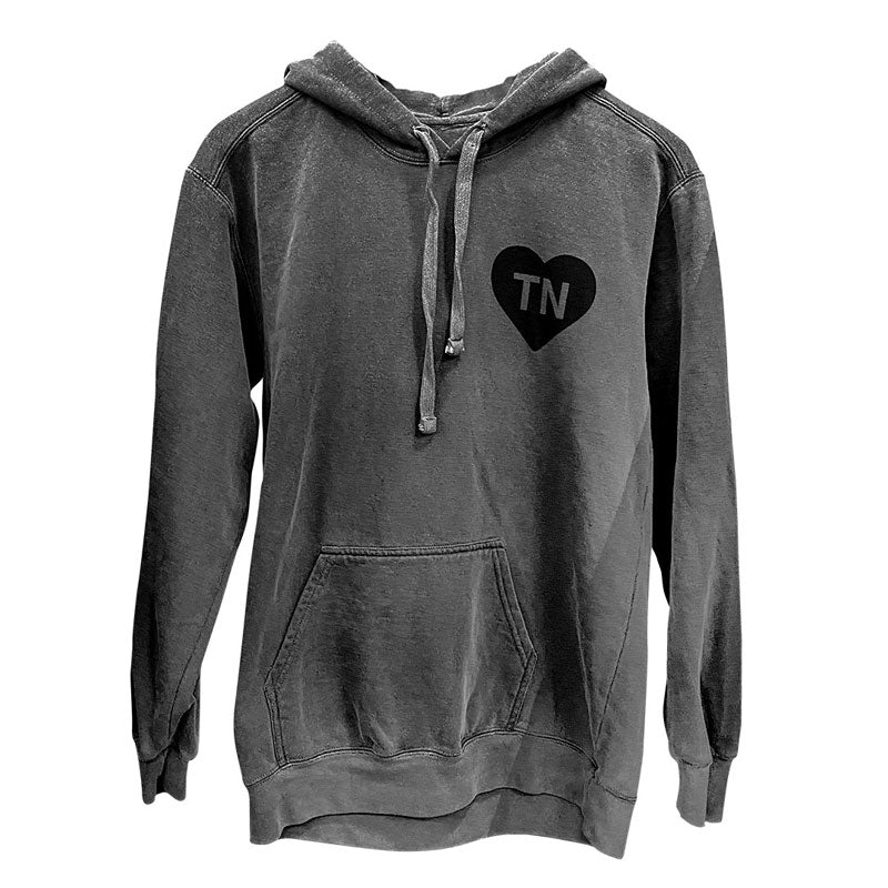 Front side of gray hooded sweatshirt on a white background. The front side of hoodie has a small black heart with letters TN on chest. TN is the abbreviation of Tennessee.