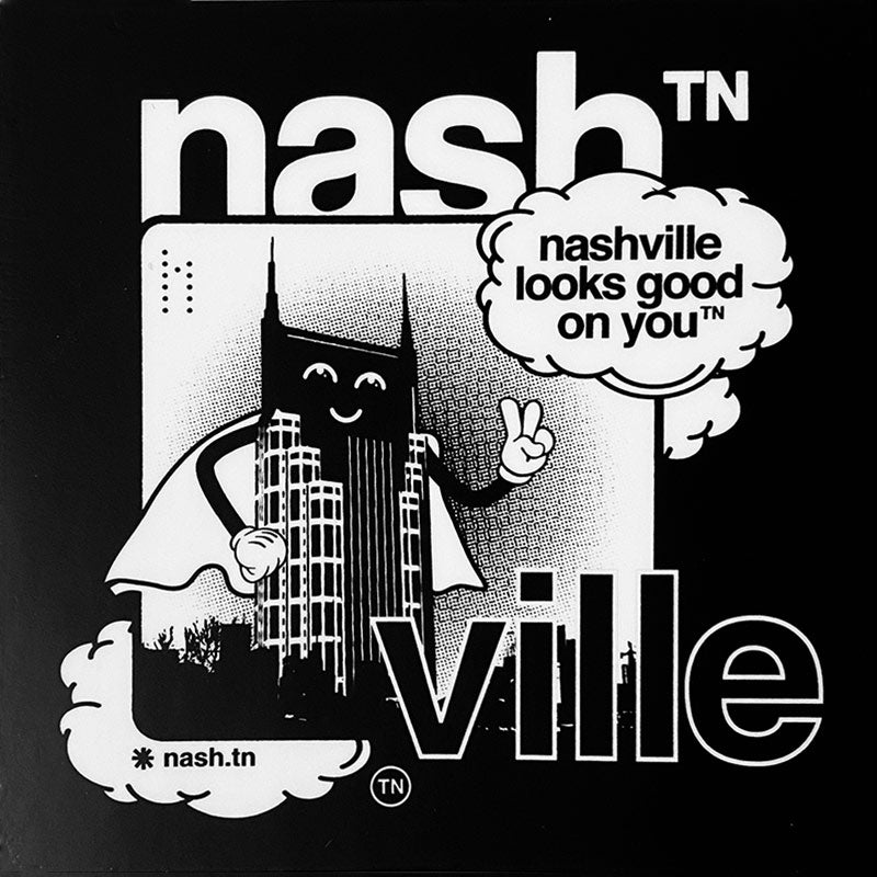 A closeup look at the nashᵀᴺ ville square sticker. The nashᵀᴺ  sticker features, Batty, the nashᵀᴺ cartoon character paying homage to Nashville's Batman Building.