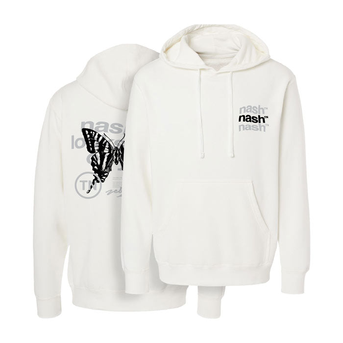 Black and front side of off-white color hoodie sweatshirt. The front reads nashᵀᴺ in gray and black in wavy text on the left upper chest area. The back shows a partial image of a swallowtail butterfly in black with gray text surrounding the image.. 