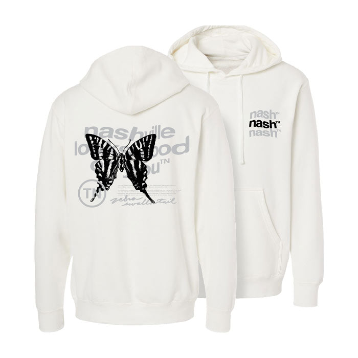 Black and front side of off-white color hoodie sweatshirt. The back shows a swallowtail butterfly in black with gray text behind it. The front says nashᵀᴺ in gray and black in wavy text.