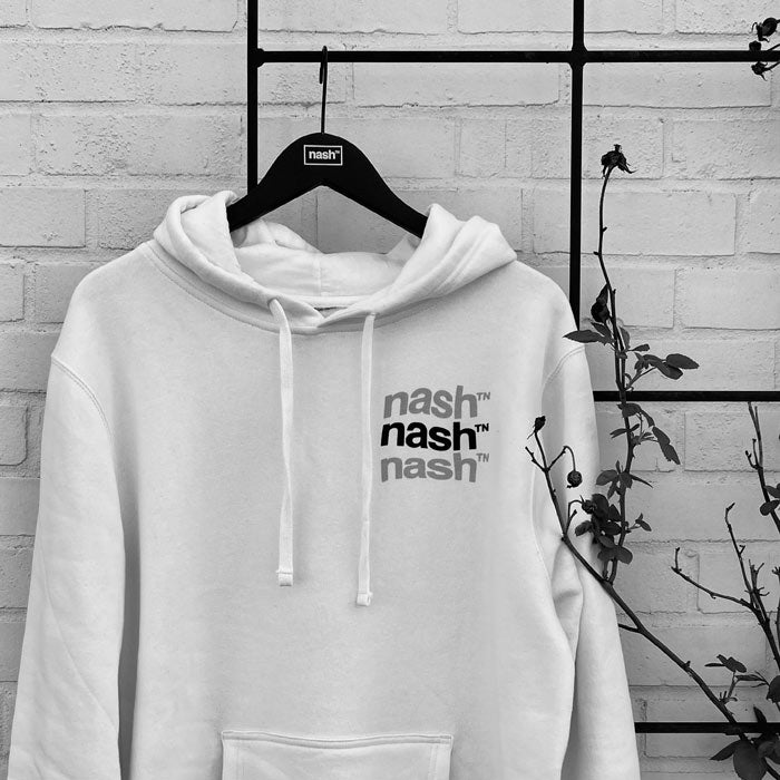 Black and white stylized image of sweatshirt hoodie frontside.  Hoodie hangs from a black coat hanger and shows nashᵀᴺ printed three times on the left side chest in wavy text.
