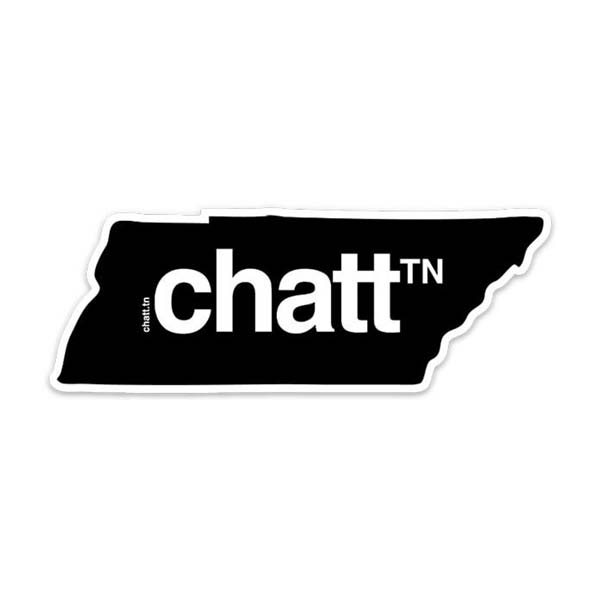 Black sticker on a white background. The sticker is shaped like the state of Tennessee and outlined in white. chattᵀᴺ is printed in the center of the shape in white. Chatt is short for Chattanooga. Chattanooga is a popular city in Tennessee.