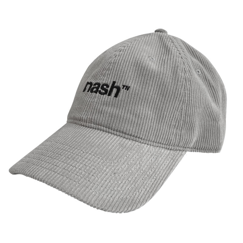 Gray corduroy baseball bap with black embroidery logo. Logo reads nashᵀᴺ . TN is the abbreviation for Tennessee. 