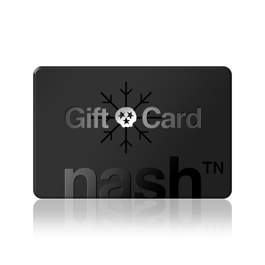 A dark gray rectangle with black letters on a transparent background. The Tri-star skull is placed on top of a snowflake in between the words Gift and Card in light gray. The logo nashᵀᴺ  is at the bottom of the card.