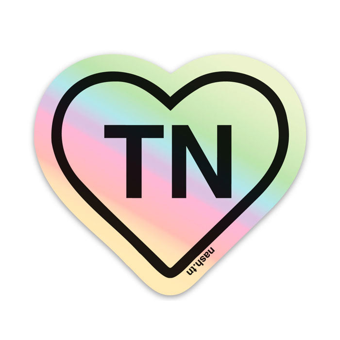 Holograph heart shaped sticker on white background. Black heart outline and black letters TN in center of heart. TN is the abbreviation for Tennessee.