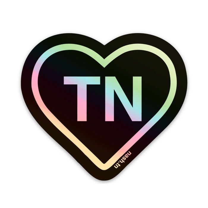 Heart shaped sticker on white background. Black outline and black heart with colorful holograph outline and letters TN in center of heart. TN is the abbreviation for Tennessee. 