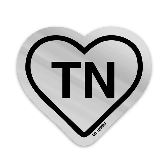 Silver holograph heart shaped sticker on white background. Black heart outline and black letters TN in center of heart. TN is the abbreviation for Tennessee. 