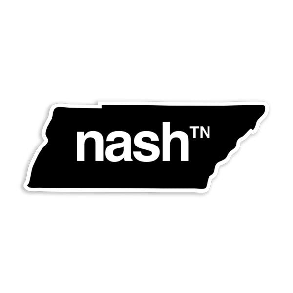 Black sticker on a white background. The sticker is shaped like the state of Tennessee with the nashᵀᴺ  logo printed in the center of the shape in white