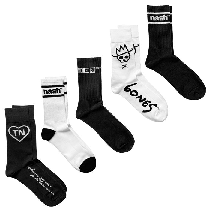 Five pairs of socks on a white background. The socks are alternating black and white Nashville themed designs and arranged in a line ascending from the lower left corner toward the right corner.
