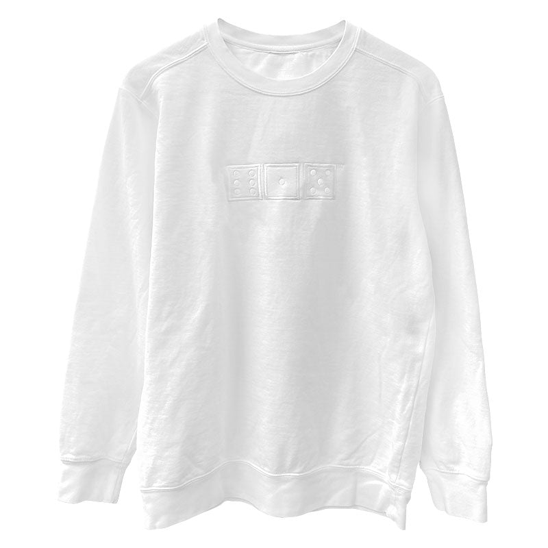 A white crewneck sweatshirt showing three white, outlined squares. The three squares are next to each other in a line with a small TN in the top right corner. The squares look like game dice and show the numbers 6, 1 and 5. 615 is the area code for Nashville, Tennessee, USA.