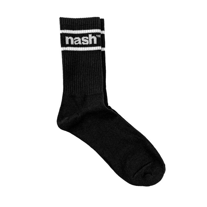 Black sock with two white stripes and nashᵀᴺ in white at the calf on a white background