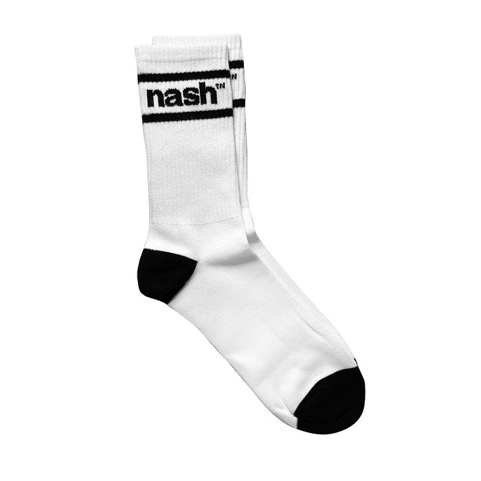 White sock with black toe and black heel on white background. Two black stripes and black nashᵀᴺ go around the top of the sock at the calf.
