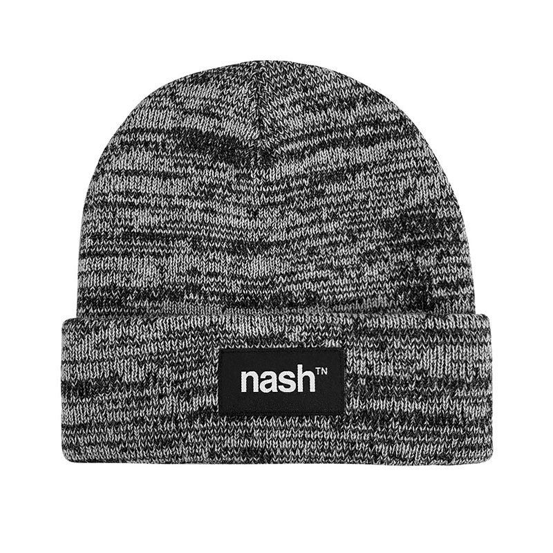 Cuffed, gray and black marled knit beanie on white background. There is a black patch with white logo on front cuff.