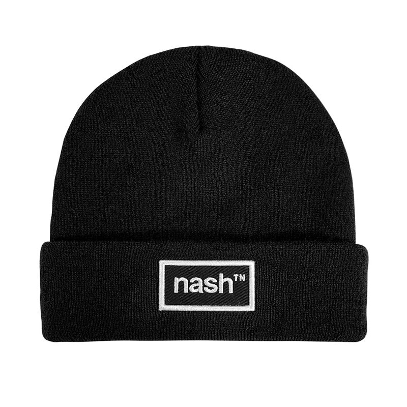 Black beanie with folded cuff. There is a black rectangle design patch with a white border on all four sides. The design reads nashᵀᴺ in white on a black background.