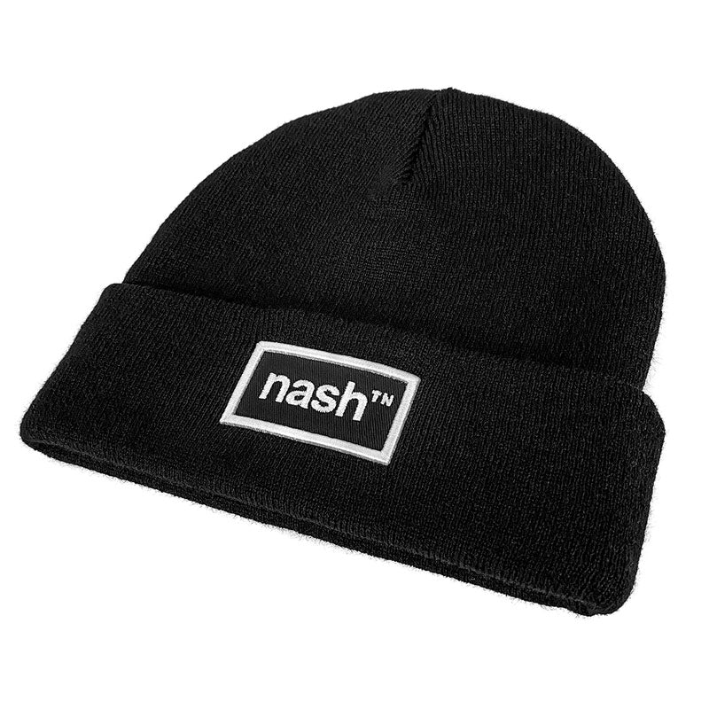 Black beanie with folded cuff. There is a black rectangle design patch that has a white border on all four sides. The design reads nashᵀᴺ in white on a black background.