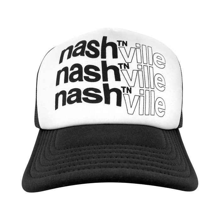 A black and white baseball cap on a white background. The visor is black and the front panel of the hat is white. There is a large design printed on the white front panel. The words nashᵀᴺ ville is printed three times in a tall stack and appear wavy. nashᵀᴺ  is solid black and ville is outlined in black to appear like white letters.