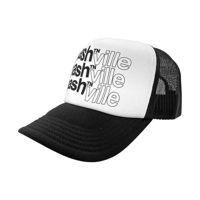 A black and white baseball cap on a white background. The visor is black and the front panel of the hat is white. The hat is turned to the left to show the back panel made of mesh. There is a large design printed on the white front panel. The word nashᵀᴺ ville is printed three times in a tall stack. The words appear wavy. nashᵀᴺ is solid black and the ville is outlined in black to appear like white letters.