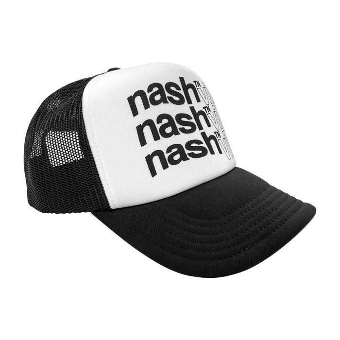 A black and white baseball cap on a white background. The visor is black and the front panel of the hat is white. The hat is turned to the right to show the back panel is mesh. There is a large design printed on the white front panel. The word nashᵀᴺ ville is printed three times in a tall stack and appear wavy. nashᵀᴺ is solid black.