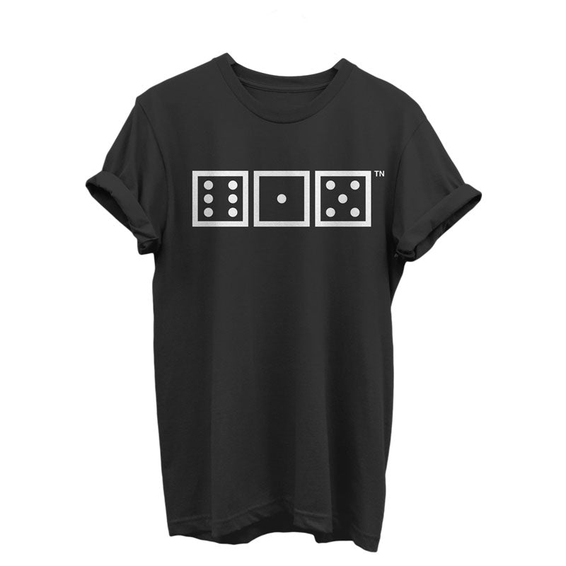Black short sleeve T-shirt on white background. There are three game dice on the front with the numbers six, one, five. The dice are outlined in white with white dots. 615 is the area code for Nashville, Tennessee.