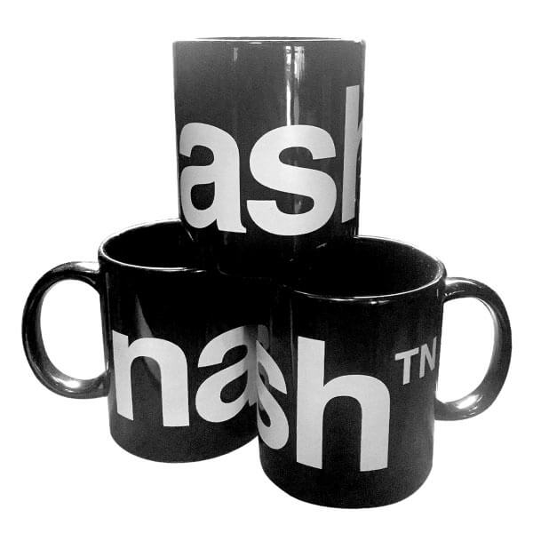 Stack of three black coffee mugs on a white background. The mugs have white text that wraps around the mug.