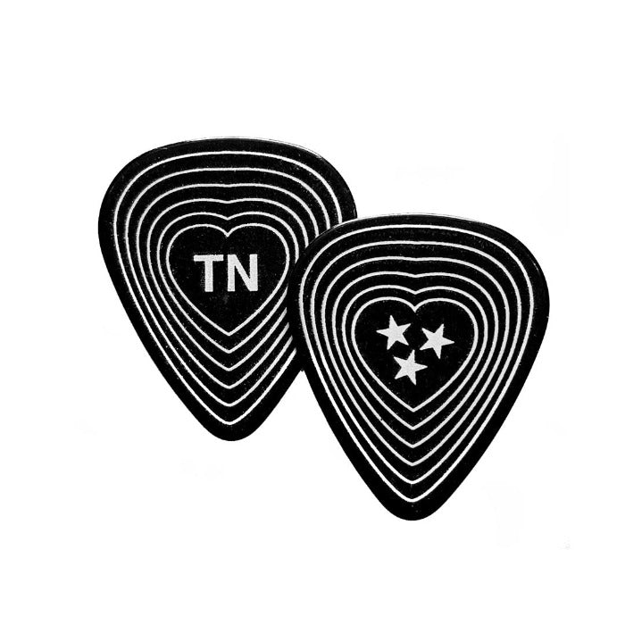 Front and backside of black guitar pick on a white background. TN with a repeated heart outline on one side and 3 stars with a repeated heart outline on the other side. Tennessee is known as the Tri-star state. TN is the abbreviation for Tennessee