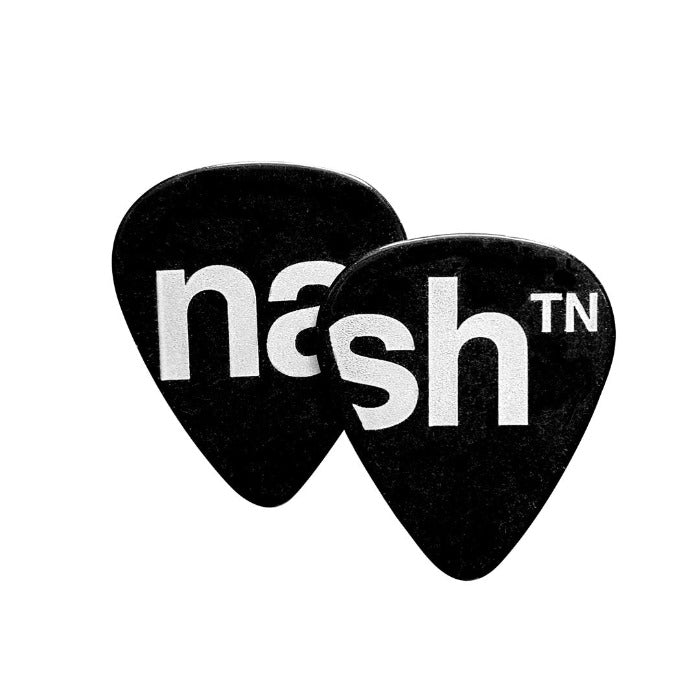 Front and backside of black guitar pick on a white background. There are white letters on each side to spell out the word nashᵀᴺ.  Nash is short for Nashville and TN is the abbreviation of Tennessee