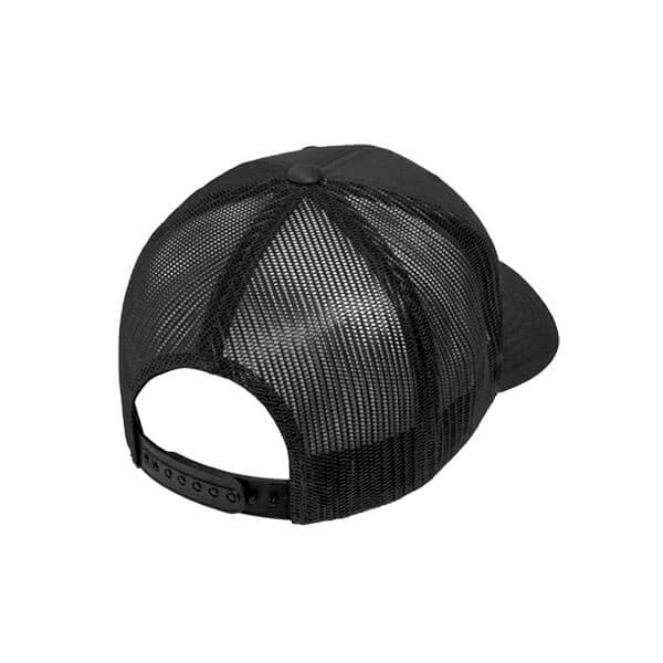 Backside view of black baseball cap on a white background. The back of the cap is mesh and has an adjustable snap closure for sizing.