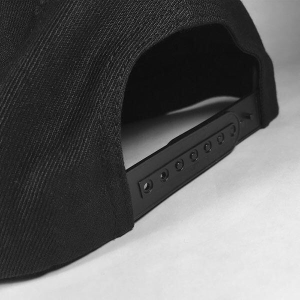 Closeup look at the adjustable sizing snap on the backside of a black baseball cap on a white background. 