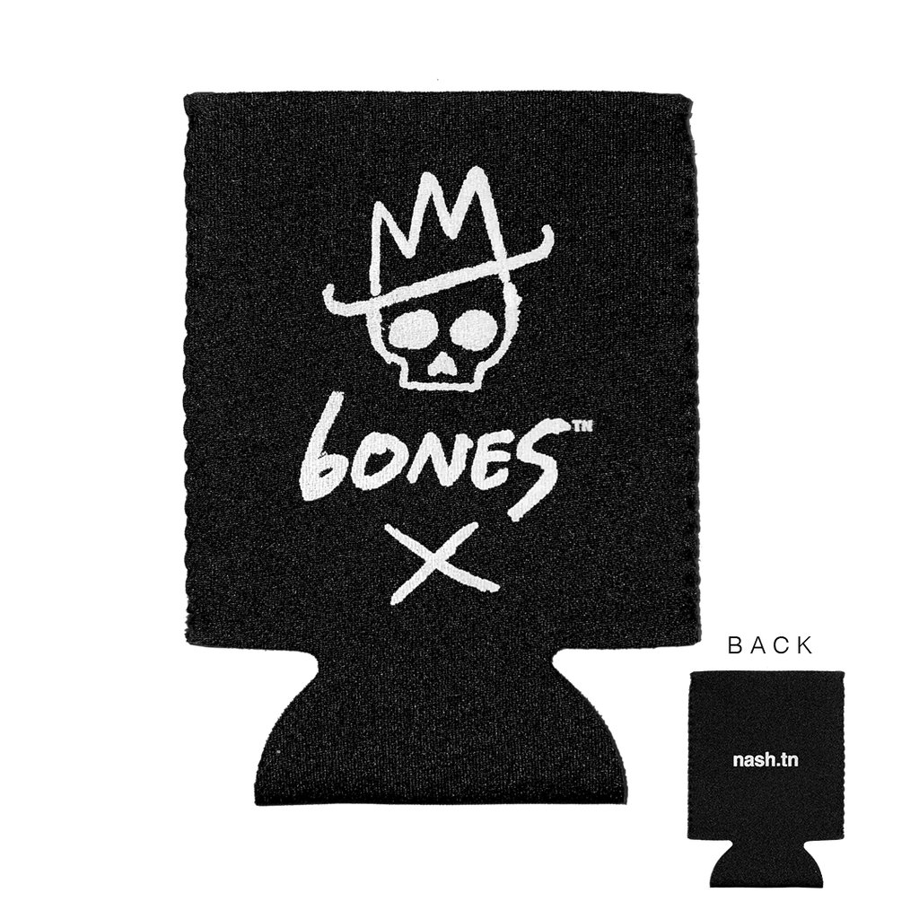 Front and back sides of black can koozie on transparent background. Large center image is a black koozie with white skull wearing a cowboy hat and X with the letters 6ONE5 in white between the skull and X. 6ONE5 spells bones and 615. 615 is the telephone area code for Nashville, Tennessee. The lower right image is the backside of the black koozie. White letters nash.tn is printed in the center.