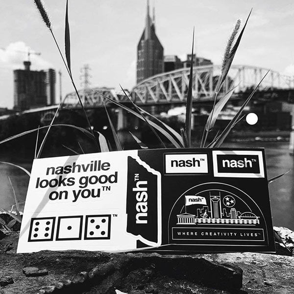 nash TN sticker pack overlooking downtown nashville with 615 dice, nashville looks good on you logo and nash TN logo stickers