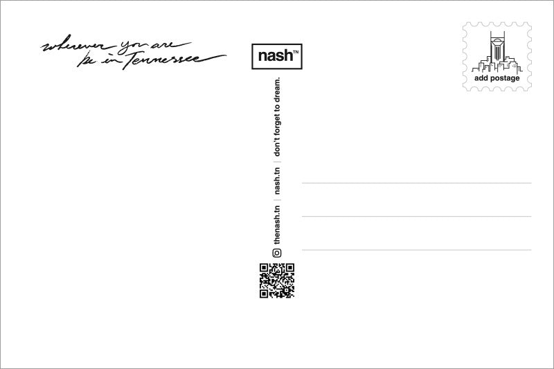 Backside of postcard. On the left side above the blank space, in cursive writing, 'wherever you are, be in Tennessee" is printed.  The right side has three gray lines to write the recipient's address and a designed, stamp example showing the Batman Building in the top right corner.