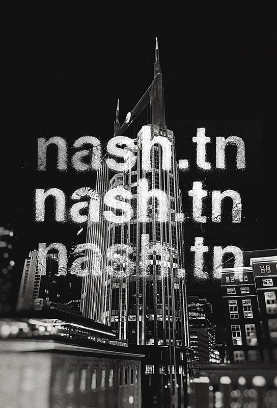 A black and white photo of the Batman Building in Nashville with the website nash.tn written three times over the photo.