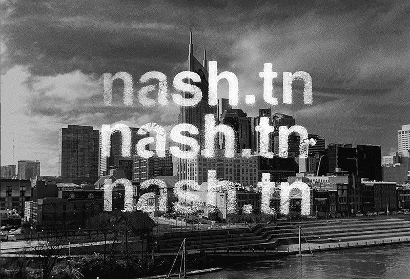 Black and white skyline photo of Nashville, Tennessee with white, textured words printed on top. nash.tn is printed three times in the center of the postcard.