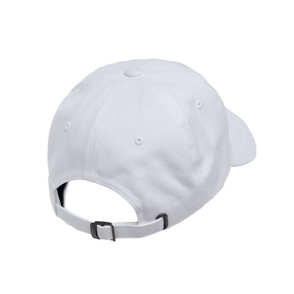 Back view of white baseball cap son white background. Detail view showing the metal adjustable sizing buckle.